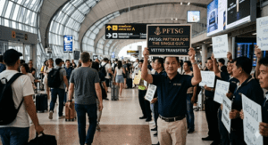 Professional driver at Bangkok Suvarnabhumi Airport (BKK) arrival hall holding a black and gold PFTSG sign for a private transfer.