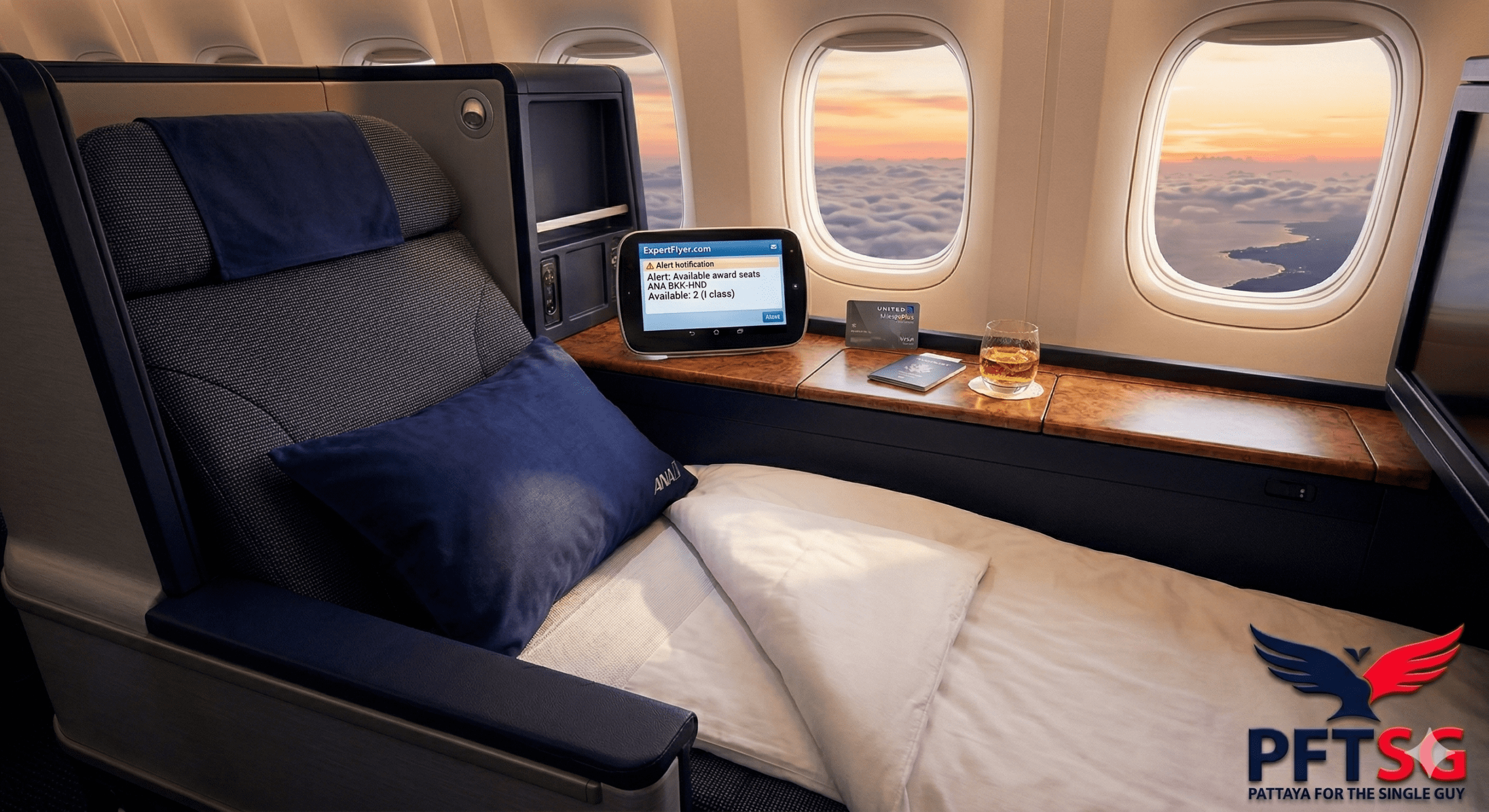 Interior of ANA The Room business class suite on a Boeing 777-300ER, featuring a lie-flat bed, large entertainment screen showing an ExpertFlyer award alert, and the PFTSG tactical wing logo.