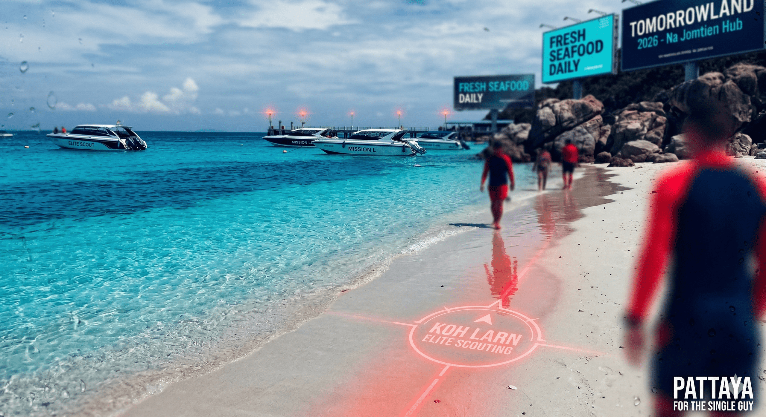A low-angle photograph capturing the clear crystal waters of Tien Beach, Koh Larn, Pattaya. The shot is stylized in the PFTSG Midnight Navy (#050A30) and Neon Red (#FF0033) aesthetic, using atmospheric blur to ensure 100% anonymity for the few figures in the distance. The foreground shows wet, red-reflecting sand and the 'Koh Larn Elite Scouting' path. The vibrant turquoise water contrasts against deep shadows and a blurred private speed boat. This is a strategic visual for the Koh Larn 2026 Field Report.