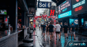 Candid, immersive point-of-view photograph from inside a Soi 6 bar in Pattaya at 4:00 PM. The scene shows the wet, rain-slicked pavement reflecting neon red signs and digital billboards displaying 'Tomorrowland' and 'International Fireworks Festival' 2026 alerts. Blurred figures of travelers move through the street, emphasizing a high-energy 'Tactical Scout' mission while maintaining 100% anonymity for staff and patrons. The aesthetic is dark and atmospheric, featuring Midnight Navy shadows and Neon Red highlights