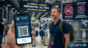 Candid photo of a solo traveler at Suvarnabhumi Airport in 2026. A hand holds a phone showing a successful TDAC QR code entry approval. Background features glowing cyan-blue biometric automated gates and a warning screen crossing out '.COM' scam sites and highlighting the new border run crackdown policy.