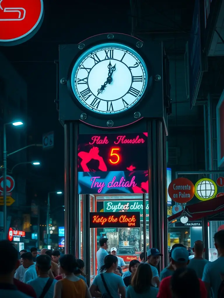 A high-quality photo of a clock tower, emphasizing the peak hours of activity in Soi 6, Pattaya, with neon lights reflecting off the clock face at 5 PM.