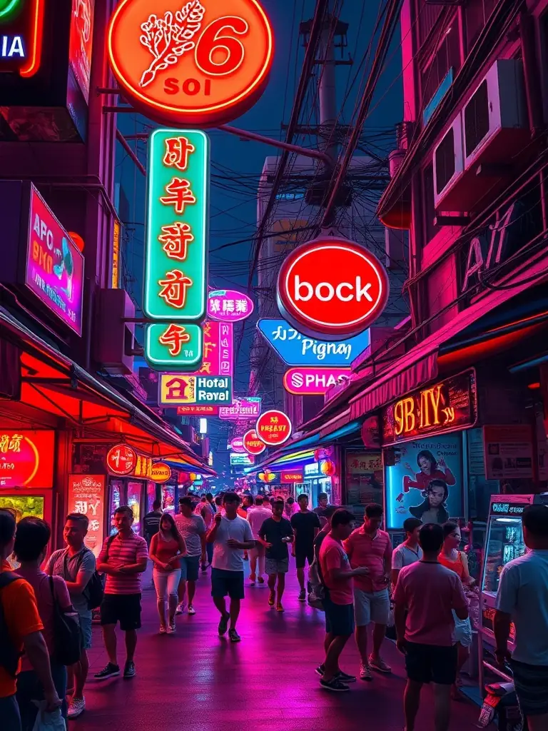 A dynamic image capturing the high-energy atmosphere of Soi 6, Pattaya, with neon signs, bustling crowds, and vibrant street life.