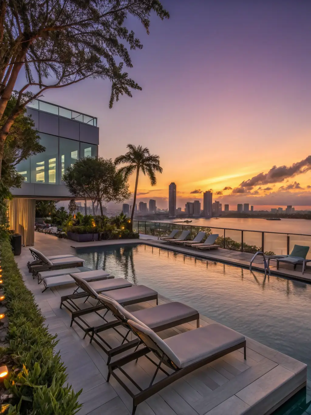 A high-angle, wide shot of the Hilton Pattaya's infinity pool at sunset, showcasing the panoramic ocean view and modern architecture. The scene includes a few silhouetted figures enjoying cocktails, emphasizing the exclusive and relaxed atmosphere.