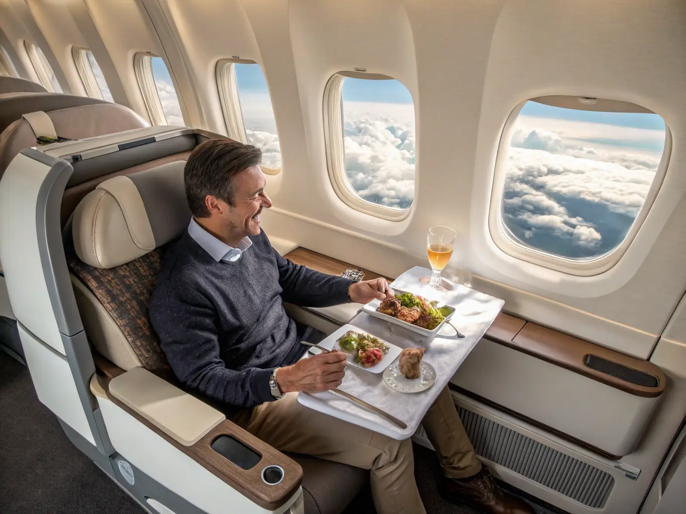 An image of a business-class airline seat, highlighting the extra legroom and workspace, with a laptop and travel documents visible. The scene suggests productivity and comfort during the flight.