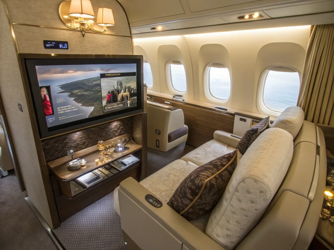 A high-angle shot inside a first-class airline cabin, focusing on the luxurious seating and amenities, with a blurred view of the city lights outside the window. The image conveys exclusivity and comfort.