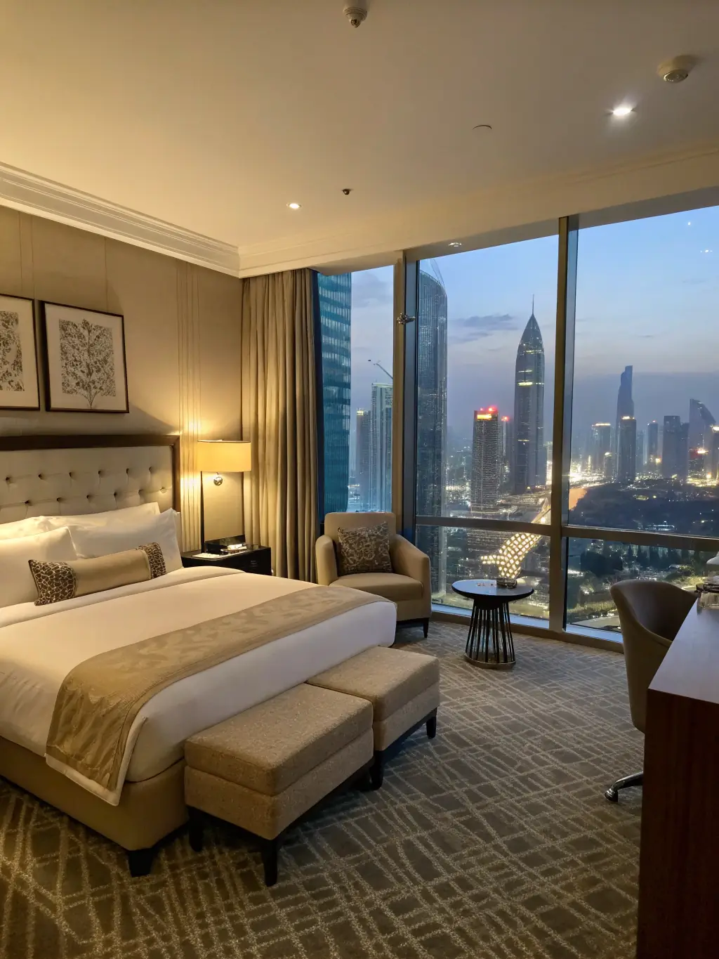 A close-up of a modern, minimalist suite at the Siam@Siam Design Hotel Pattaya, featuring floor-to-ceiling windows, a king-size bed, and a vibrant cityscape view. The room is bathed in natural light, highlighting the contemporary design.