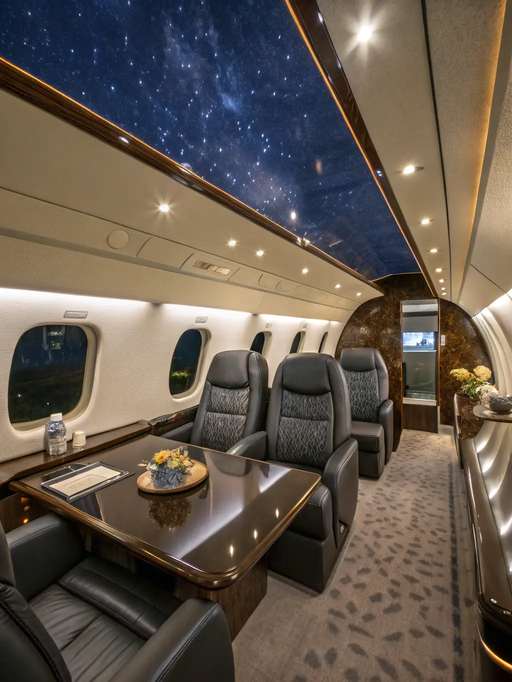A high-resolution image of a luxury aircraft cabin interior with ambient lighting, emphasizing elite travel comfort. The scene should convey exclusivity and comfort.
