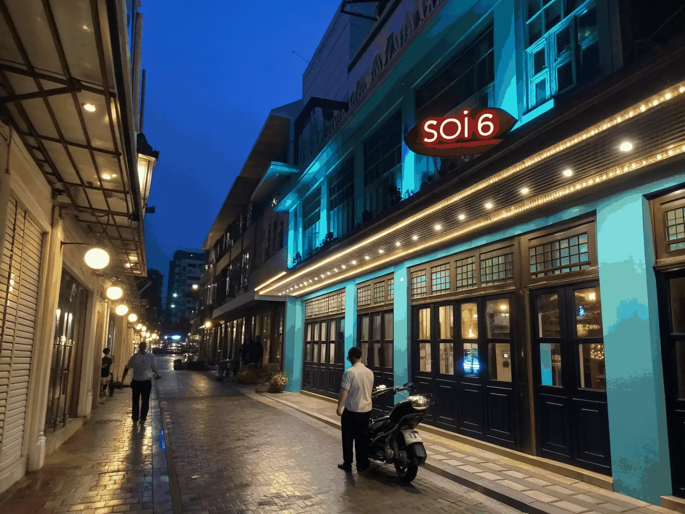 A vibrant nighttime scene on Soi 6, Pattaya, showcasing neon lights, bustling bars, and a lively atmosphere with people enjoying the entertainment.
