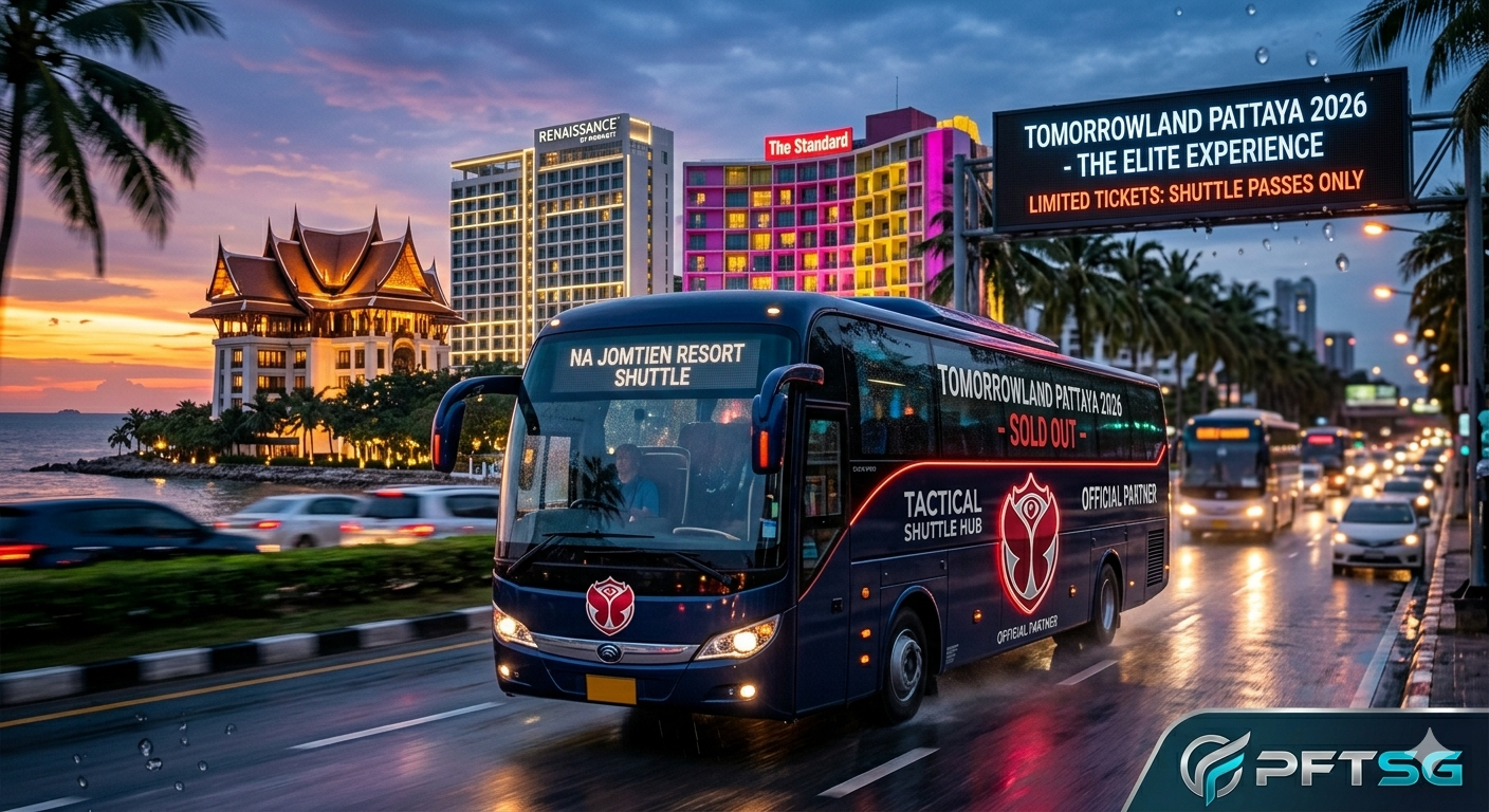 Candid, dynamic photograph of a branded navy blue Tomorrowland Pattaya 2026 shuttle bus moving through Na Jomtien at dusk. In the background, illuminated 5-star hotels—the Andaz, Marriott, and The Standard—are visible against a wet, moody sunset. Water droplets are on the lens, emphasizing the immersive, ‘Tactical Concierge’ aesthetic