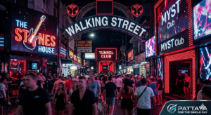 A candid, low-angle photograph capturing the high-energy, crowded environment of Walking Street, Pattaya, at 1:00 AM in 2026. The scene is dominated by vibrant Neon Red (#FF0033) signs for 'THE STONES HOUSE,' 'MYST Club,' and 'TUNNEL CLUB,' which reflect on rain-slicked pavement. A dense, moving crowd of international travelers creates an immense, anonymous force, with all faces blurred for privacy. The deep Midnight Navy (#050A30) shadows and gritty, humid atmosphere emphasize the 'Midnight Mission' aesthetic. Subtly integrated text references the 'Standard BF 2026' and 'Short Time 400 THB' intelligence for the PFTSG Walking Street Field Report.