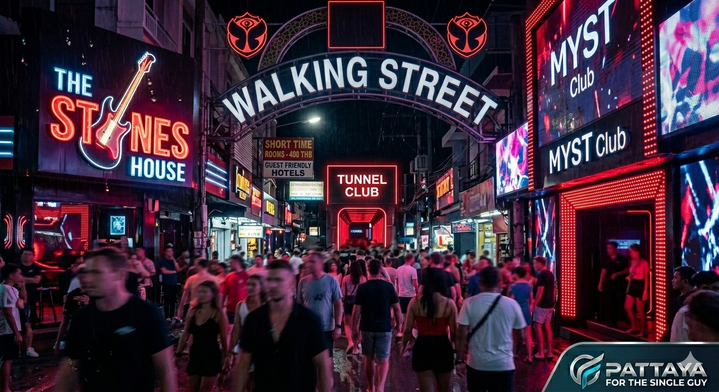 A candid, low-angle photograph capturing the high-energy, crowded environment of Walking Street, Pattaya, at 1:00 AM in 2026. The scene is dominated by vibrant Neon Red (#FF0033) signs for 'THE STONES HOUSE,' 'MYST Club,' and 'TUNNEL CLUB,' which reflect on rain-slicked pavement. A dense, moving crowd of international travelers creates an immense, anonymous force, with all faces blurred for privacy. The deep Midnight Navy (#050A30) shadows and gritty, humid atmosphere emphasize the 'Midnight Mission' aesthetic. Subtly integrated text references the 'Standard BF 2026' and 'Short Time 400 THB' intelligence for the PFTSG Walking Street Field Report.